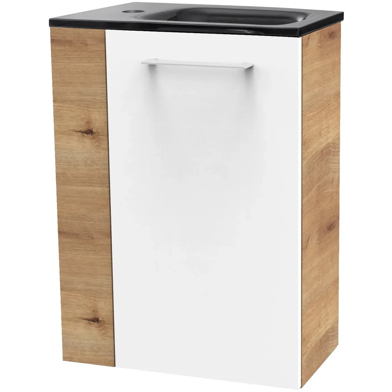 Fackelmann Waschbeckenunterschrank SBC Asteiche, 44 cm breit, mit weißer Front und Griff.