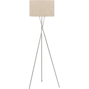 Fischer & Honsel Dreibein-Stehleuchte Wotan, nickelfarben, mit sandfarbenem Leinen-Schirm.