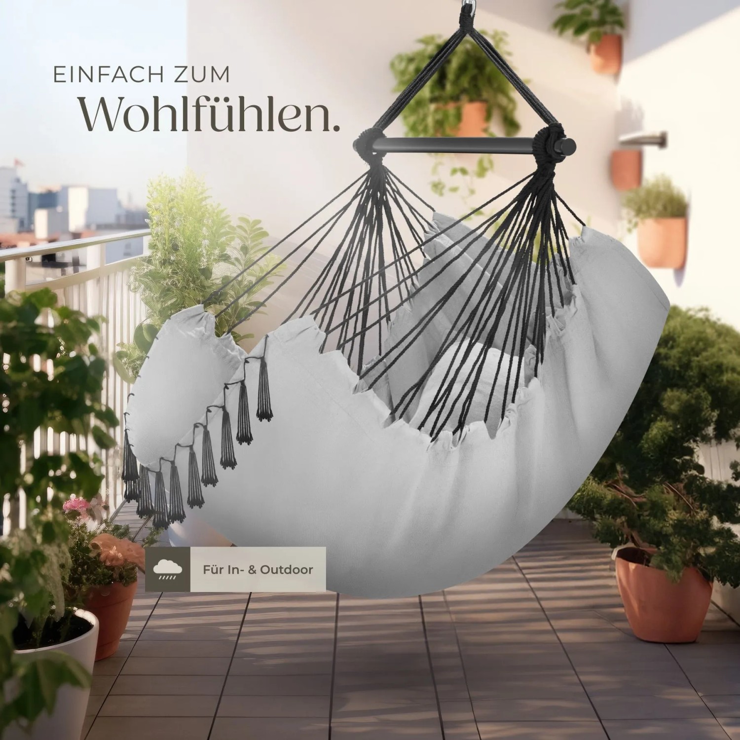 Tectake Hängesessel Malika Extra Dicke Sitz und Rückenkissen Mit Bücherfach Flaschenhalterung 150 x 100 x 150 cm Grau_8