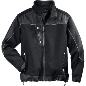 Schwarze Scheibler Softshelljacke Leno in Größe XL für Arbeitskleidung mit Denim-Einsätzen.