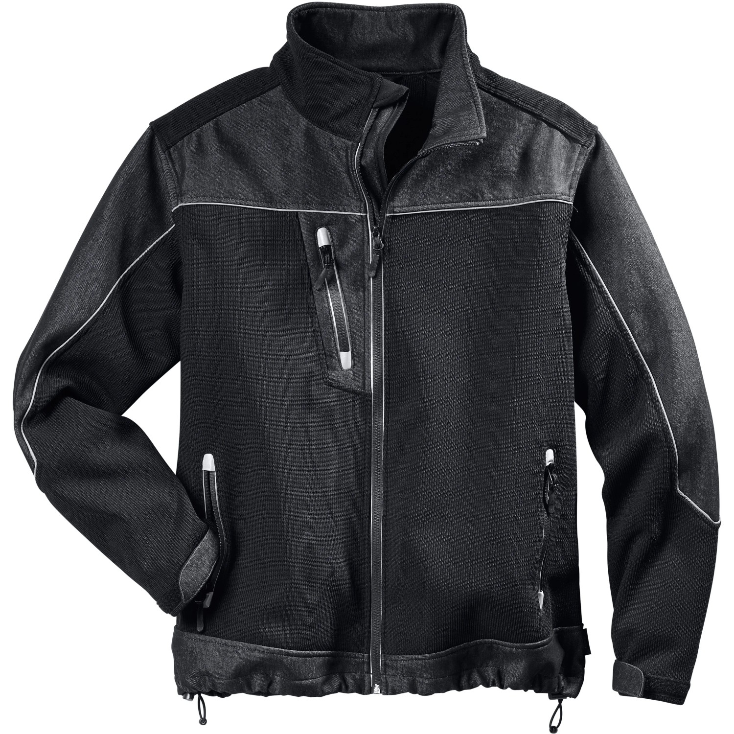 Schwarze Scheibler Softshelljacke Leno in Größe XL für Arbeitskleidung mit Denim-Einsätzen.