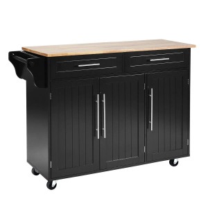 Schwarzer Costway Küchenwagen mit Schubladen, Türen und Rollen. Küchentrolley mit Holzplatte.