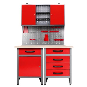 Rote Ondis24 Werkstatteinrichtung "Entdecker" mit Werkbank, Schrank und Lochwand.