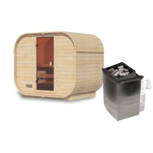 Karibu Fasssauna Quadro 1 Plus mit 9 kW Ofen, naturbelassen. Massivholzsauna mit integriertem Ofen.