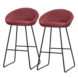 Zwei rote Barhocker mit Stoffbezug und schwarzem Metallgestell, 75 cm hoch. Modernes 2er Set für Küche oder Bar.