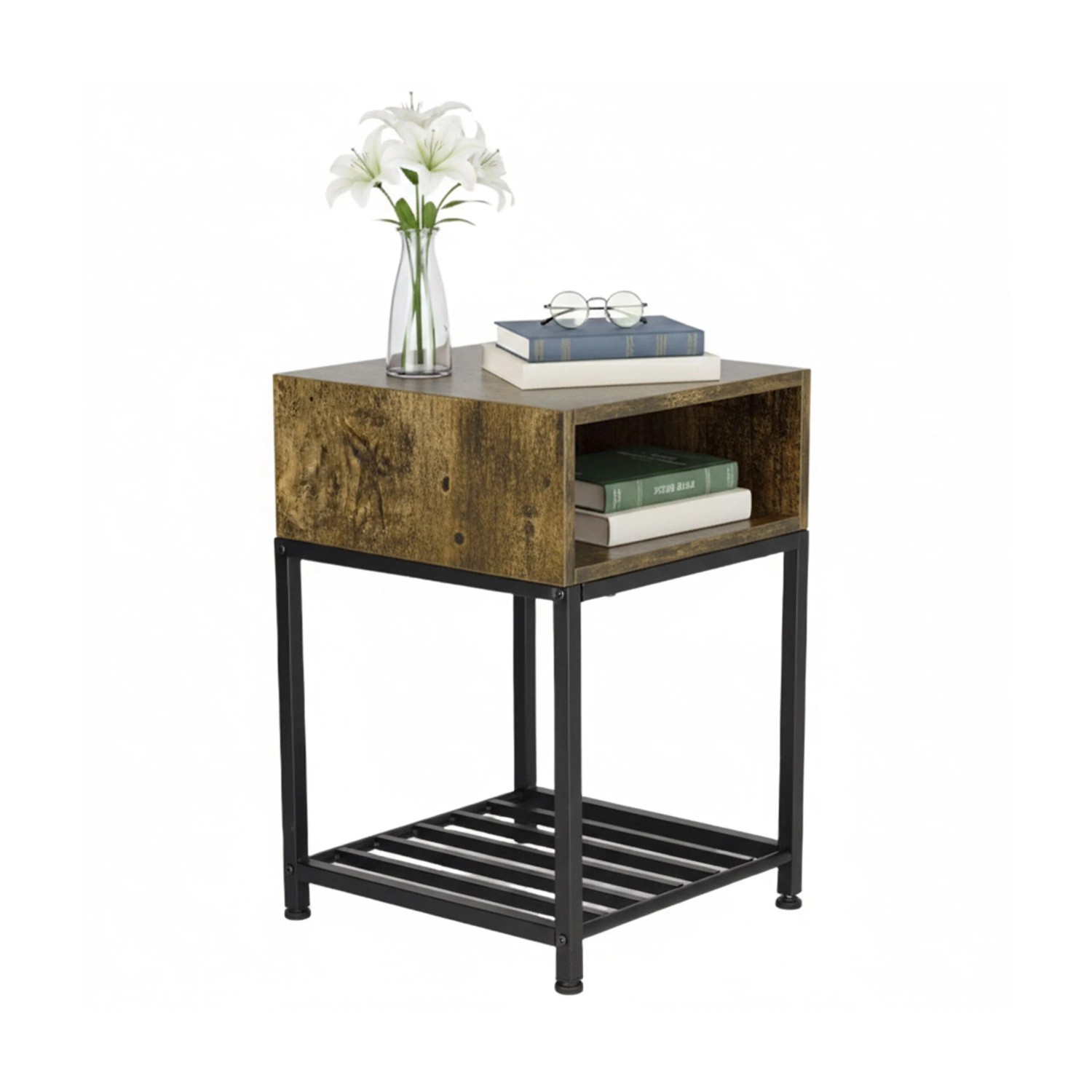 Relaxdays Nachttisch Holzwerkstoff Stahl Schwarz Mit Fach und Ablage 58 cm x 40 cm x 40 cm 7,6 kg