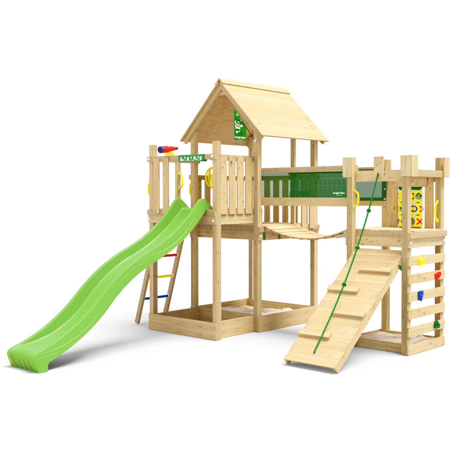 Jungle Gym Spielturm Lookout Holz Wackelbrücke Kletterrampe Rutsche Hellgrü günstig online kaufen