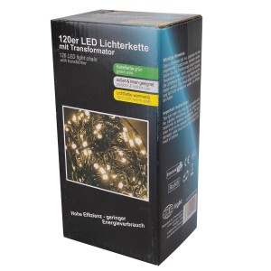 Schwarze Verpackung der Lex 120er LED Lichterkette mit Transformator, warmweißes Licht, grünes Kabel, für innen & außen.
