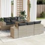 7-tlg. Garten-Sofagarnitur hellgrau Poly Rattan mit Tisch und grauen Kissen.