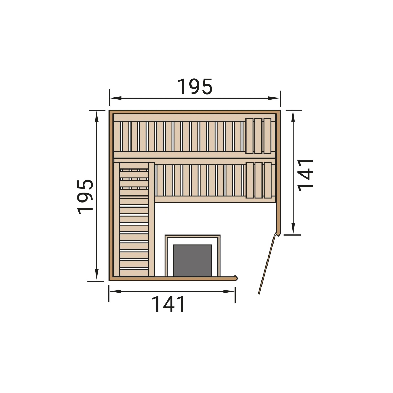 Grundriss der Weka Massivholzsauna Turku 2 Sparset 9 kW mit Maßen 195x195x141 cm.