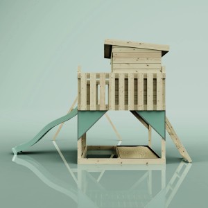PolarPlay Spielturm Nils mit Rutsche, Schaukel und Spielhaus aus Holz, mintgrüne Akzente.