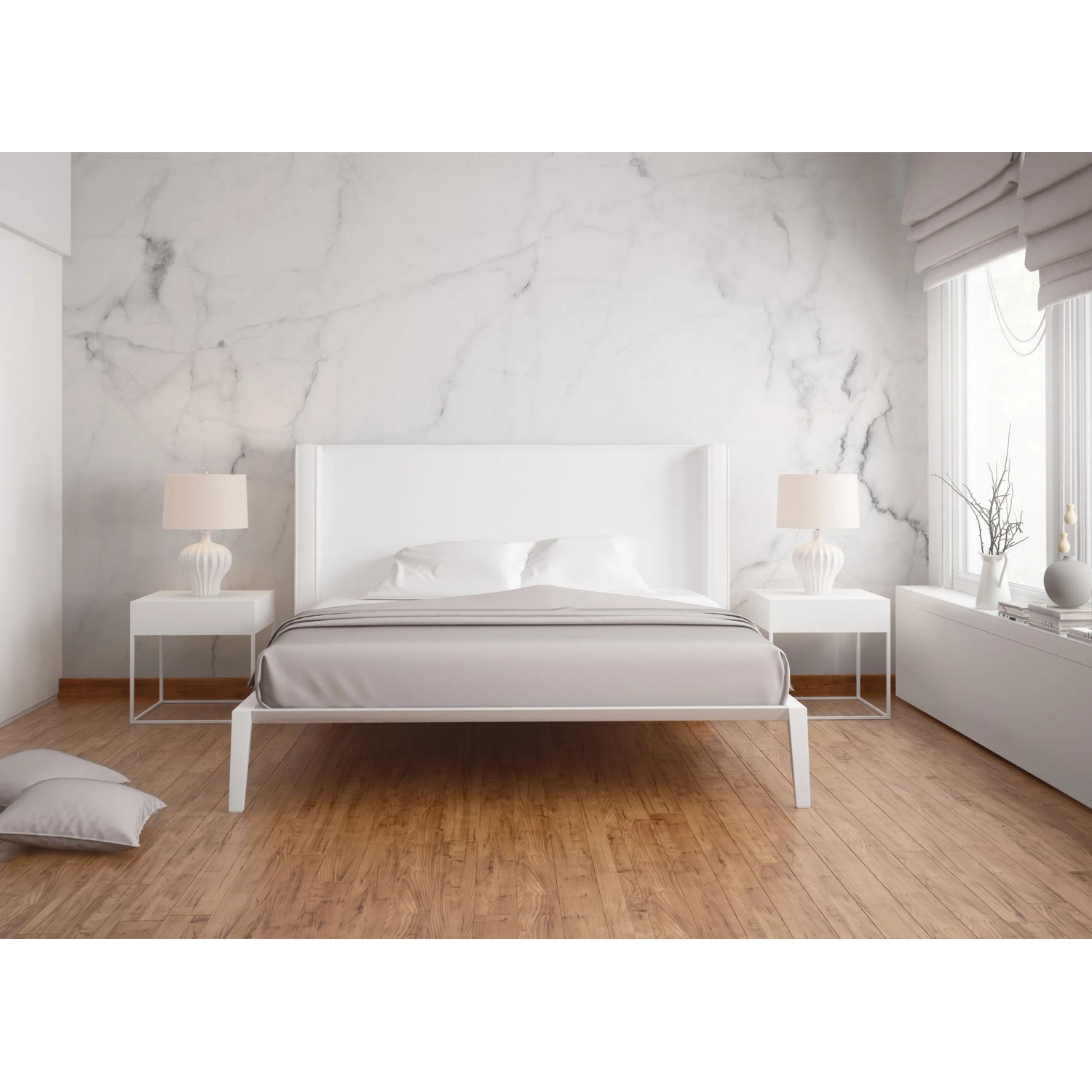 Fototapete Marmor Weiß Grau im Schlafzimmer, modernes Design.
