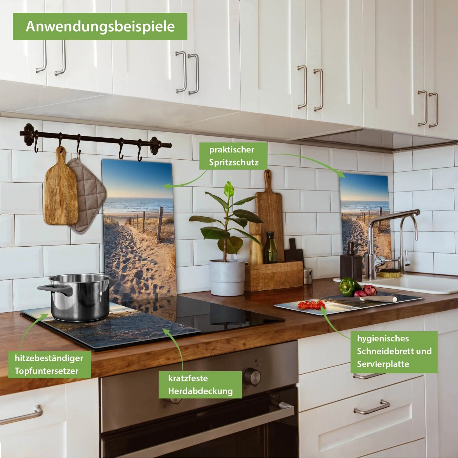 Banjado 2-teilige Herdabdeckung aus Glas mit Nordseestrand-Motiv als Schneidebrett und Spritzschutz.