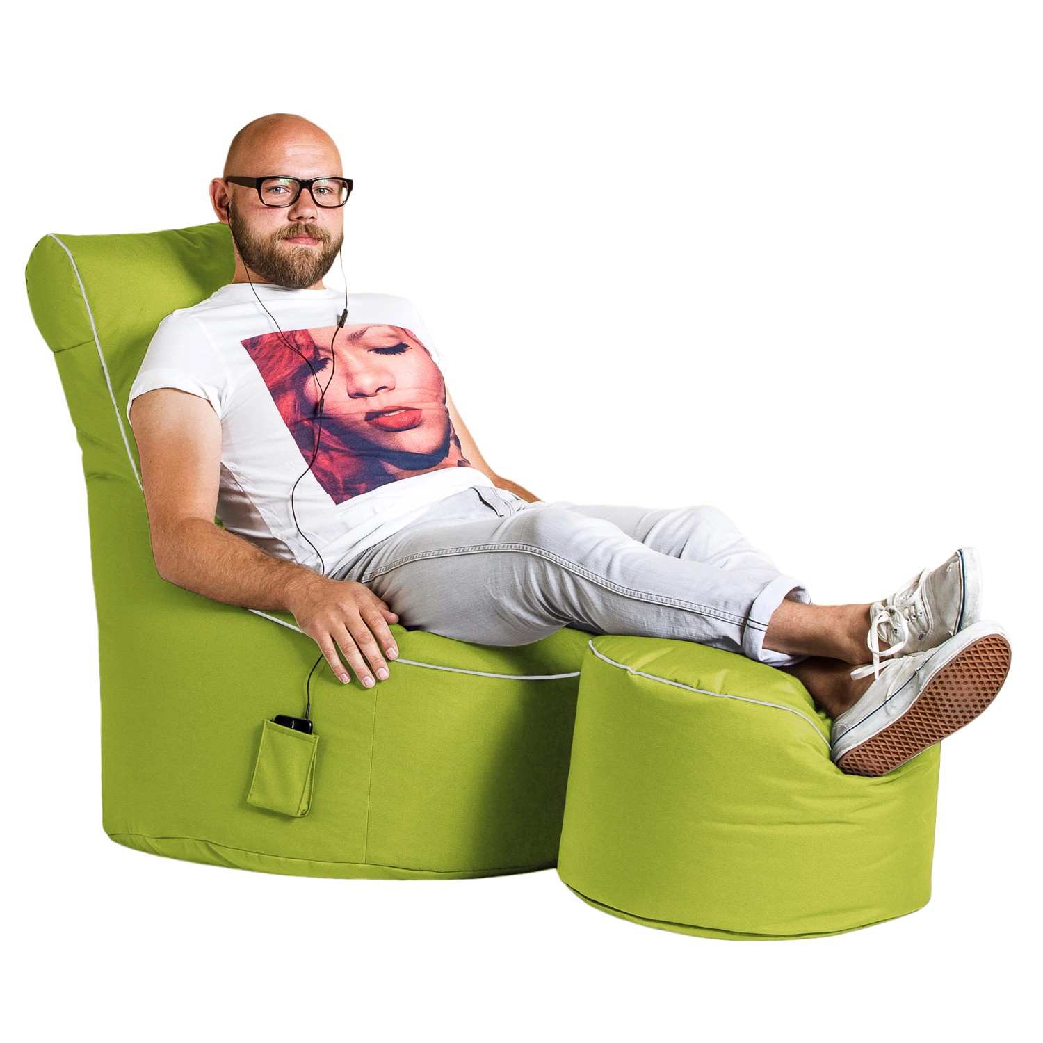Grüner Sitting Point Sessel Swing mit Hocker, ideal zum Entspannen. Bequemer Sitzsack mit Seitentasche.