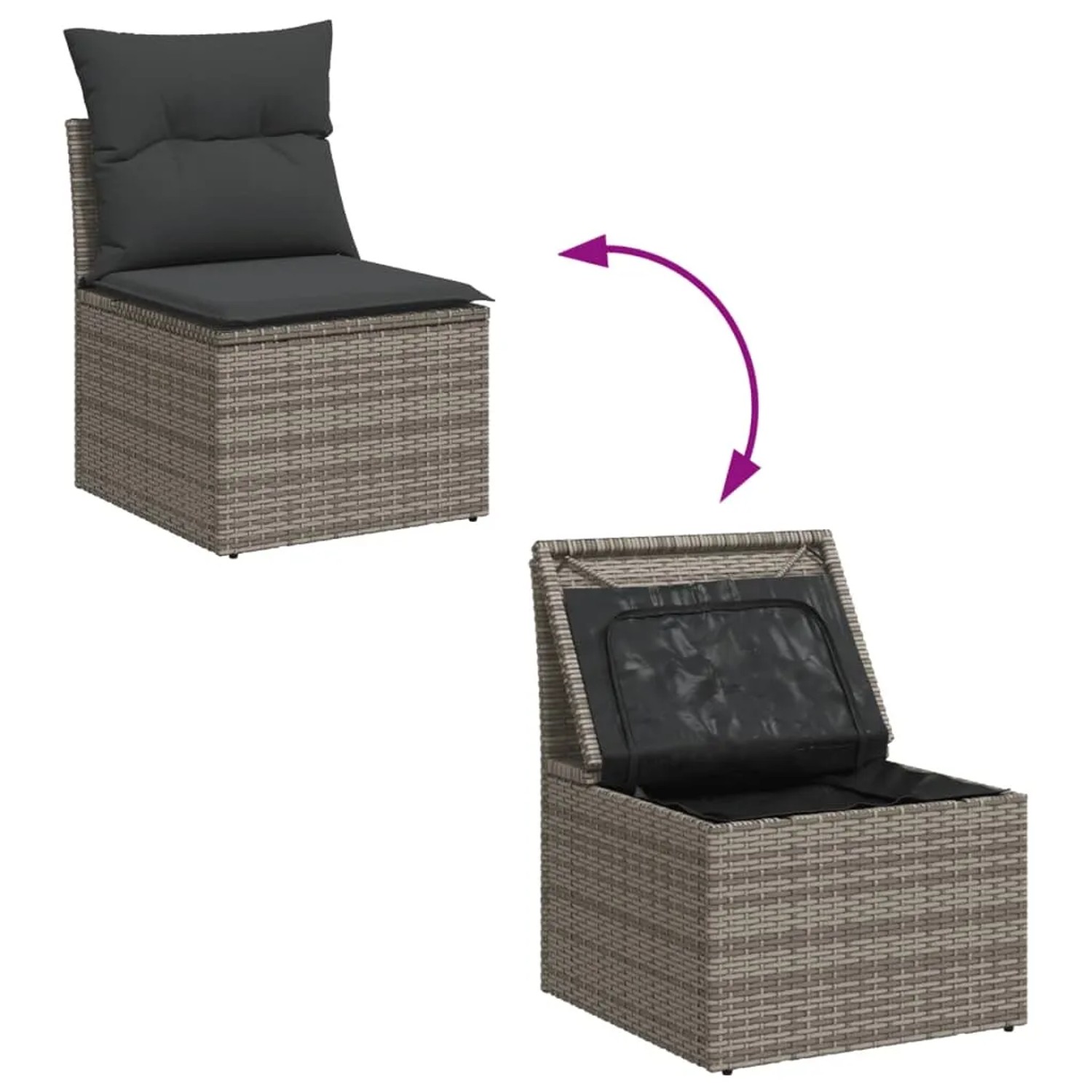 vidaXL Garten-Sofagarnitur, graues Poly Rattan, mit Staufach und Kissen. Gartenmöbel Detailansicht.