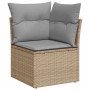 Beiges Gartenmöbel-Set: vidaXL Ecksofa aus Rattan mit grauen Kissen und Stauraum.