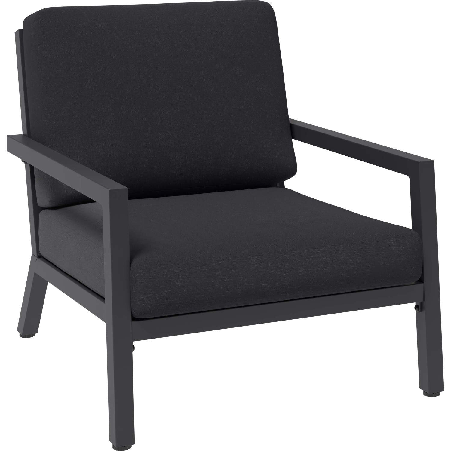 Schwarzer Lounge-Sessel Springtown mit Aluminiumgestell und dunkelgrauen Kissen.