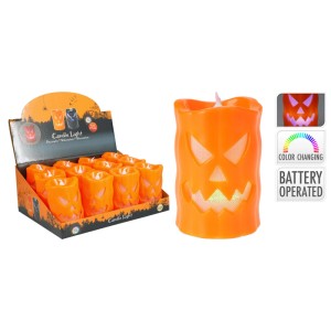 Orange LED-Kerze Halloween mit gruseligem Kürbisgesicht, farbwechselnd und batteriebetrieben. Perfekt für Dekoration.