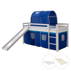 Weißes Homestyle4u Hochbett mit Rutsche, Tunnel, Vorhang, Lattenrost und Matratze (90x200).