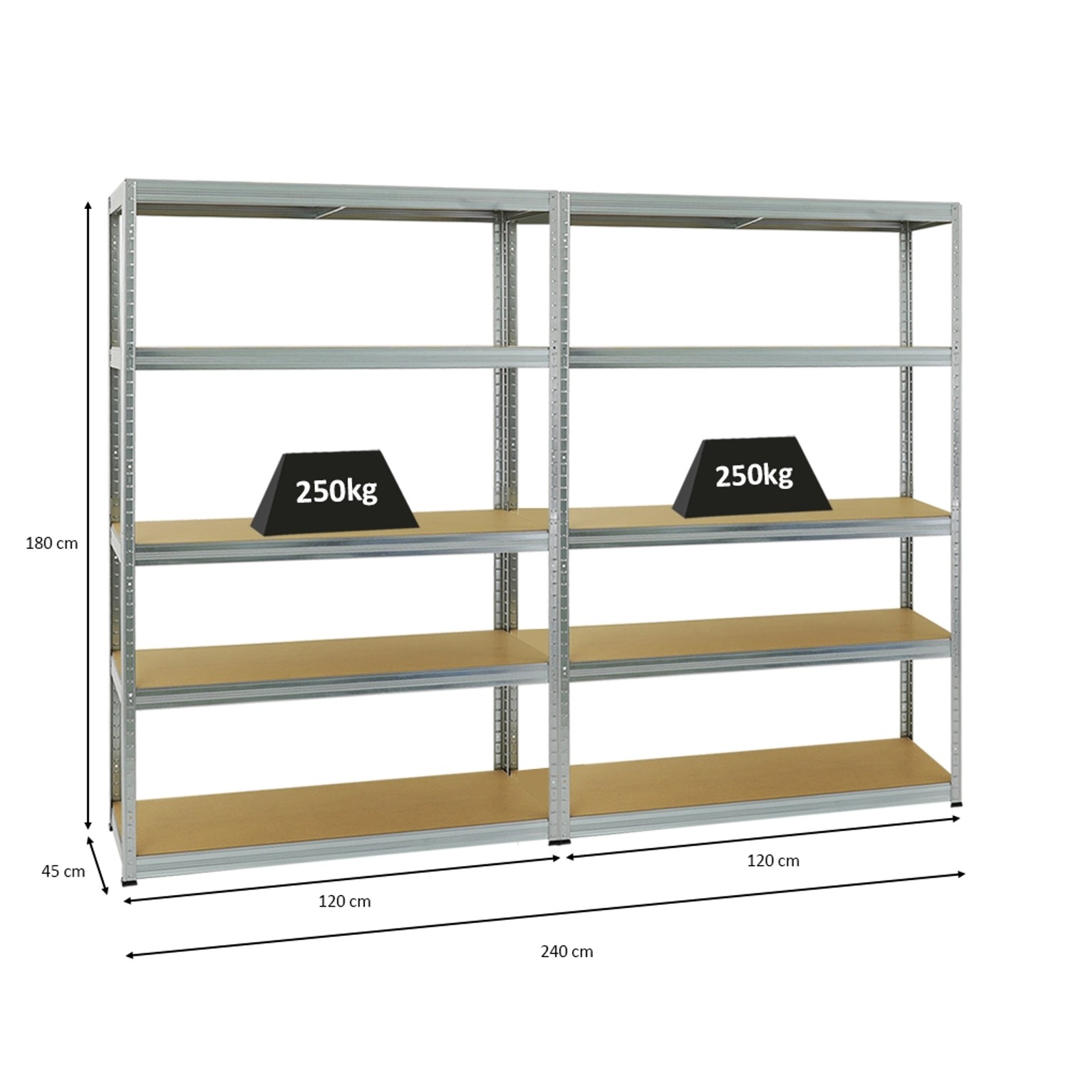 PROREGAL Mega Deal: 2 verzinkte Schwerlastregale (180x120x45 cm) mit 5 MDF-Böden, je 250 kg Traglast.