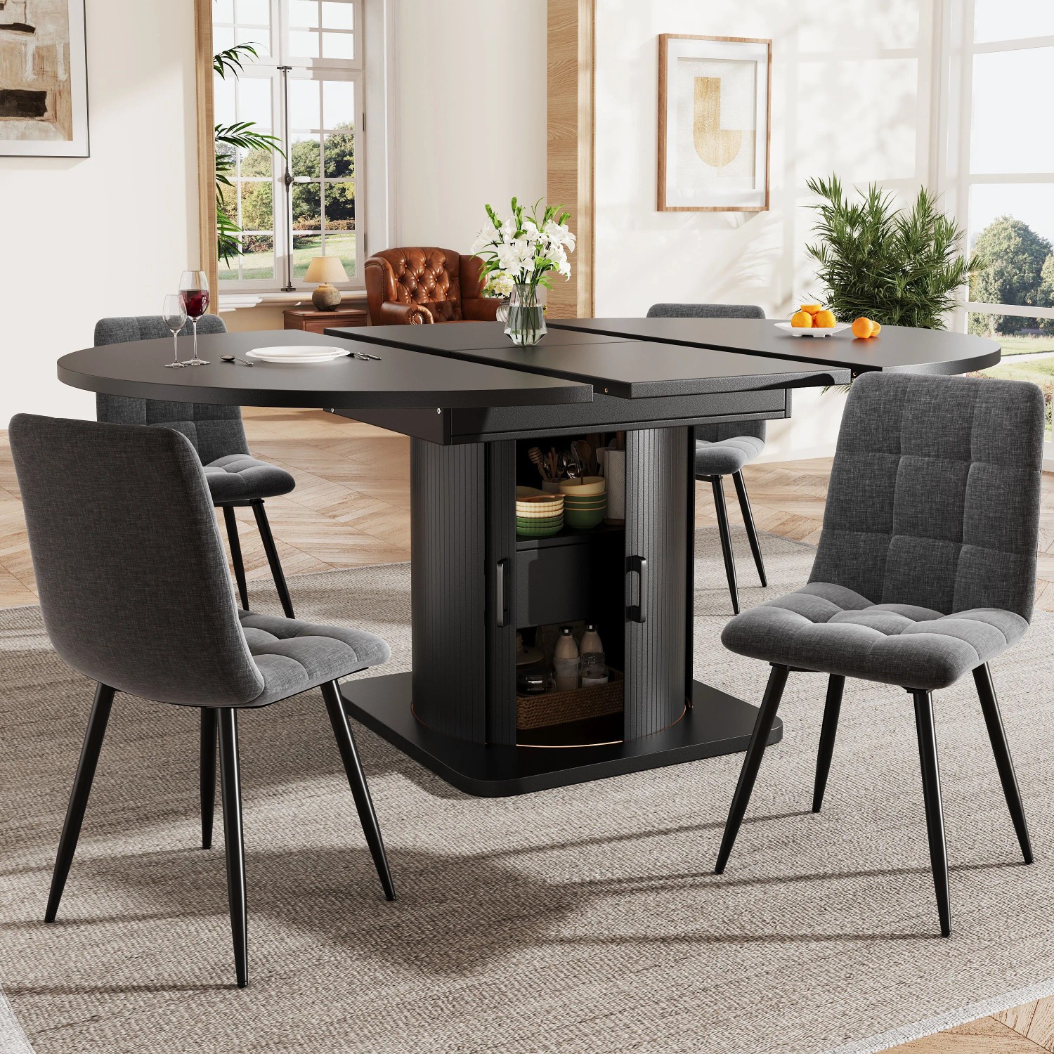 Schwarzes ausziehbares Esstisch Set mit 4 grauen Stühlen und Stauraum. Moderne Essgruppe für 5 Personen.
