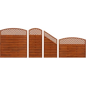 Sichtschutzzaun Element Bordeaux Teak, verschiedene Zaunelemente mit Kreuzgitter.