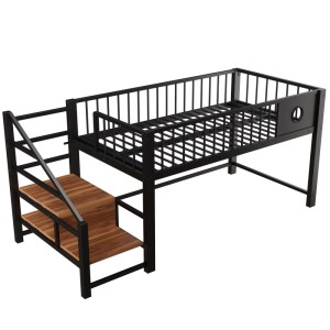 Schwarzes Merax Metall-Hochbett 90x200cm mit integrierter Stauraumleiter und Holzstufen. Platzsparend für Kinder.