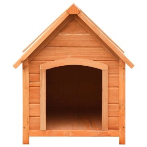Robuste Hundehütte aus hellem Kiefern- und Tannenholz mit Giebeldach und gewölbtem Eingang für den Außenbereich.