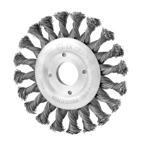 LUX Stahl-Scheibenbürste, Ø 115 mm für Winkelschleifer. Gezopfte Borsten für effektive Materialabtragung.