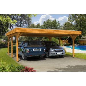 Skan Holz Carport Spessart, Eiche hell, Doppelcarport mit zwei geparkten Autos.