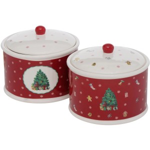 Zwei rote Vorratsdosen mit weihnachtlichen Motiven, Teil des Boltze Xmas Delight Sets.