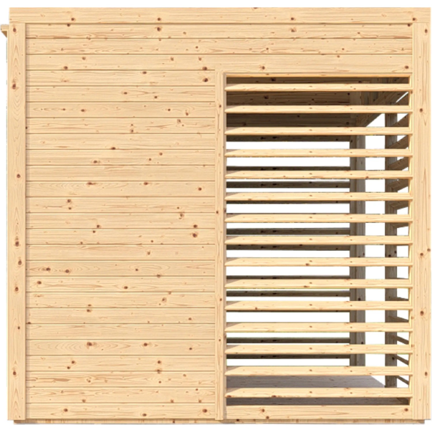 Bertilo Pavillon Garten-Lounge aus Holz, naturbelassen mit Lamellenwand für Sichtschutz.
