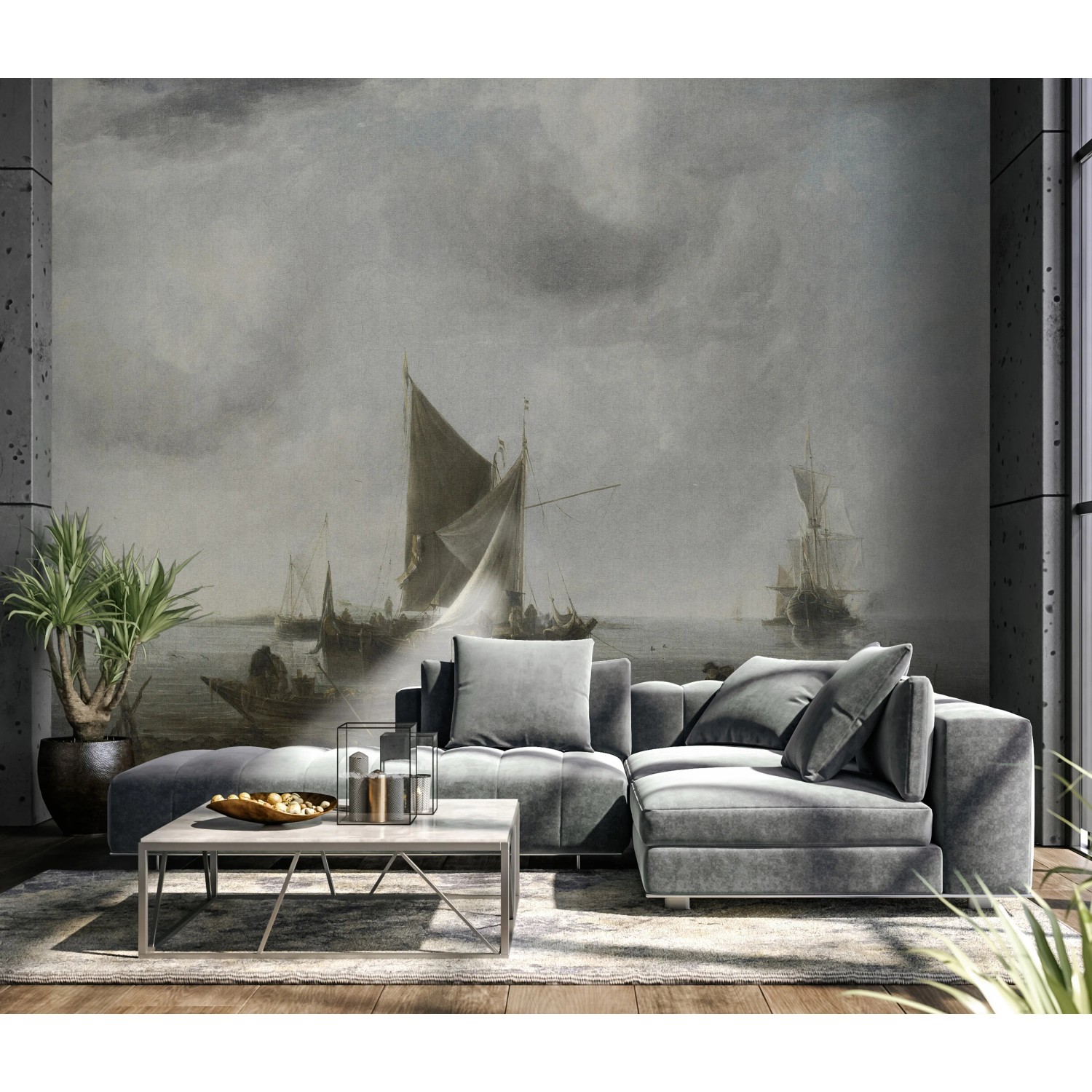 Erismann Fototapete Zooom Anchored Ships mit Segelschiff-Motiv im Wohnraum.