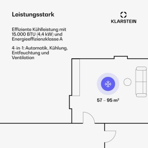 Grundriss: Klarstein Klimaanlage Max Breeze Smart kühlt Räume von 57-95 m² effizient.