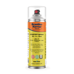 Brantho Korrux 3 in 1 Rostschutzlack Spraydose 400ml. Silberne Dose mit orange-gelbem Etikett und rotem Sprühkopf.