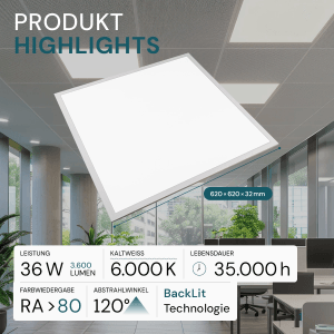 LUXULA LED Panel 62x62 cm 36W 3600lm 6000K Kaltweiß  Büro- Deckenleuchte Backlit Einbauleuchte für Rasterdecken