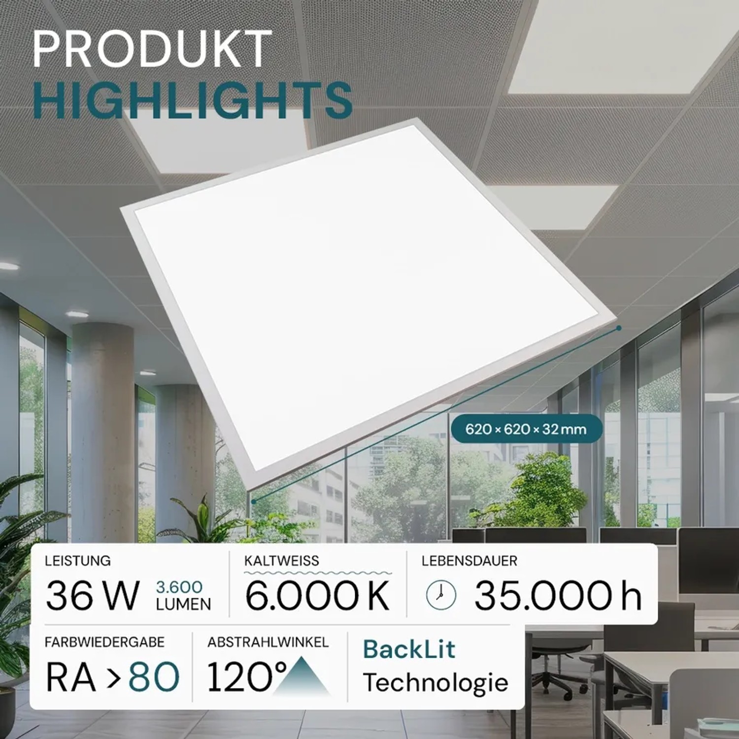Weißes LUXULA LED Panel 62x62 cm, 6000K kaltweiß, in moderner Büroumgebung. Helle LED Deckenleuchte für Rasterdecken.