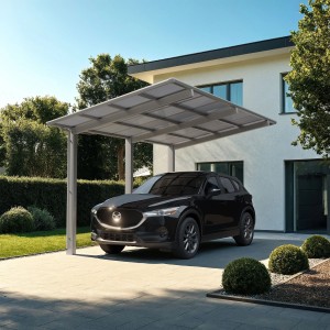 Ximax Carport Linea-110 im Edelstahl-Look mit Auto. Einzelcarport mit transparentem Dach vor Haus.