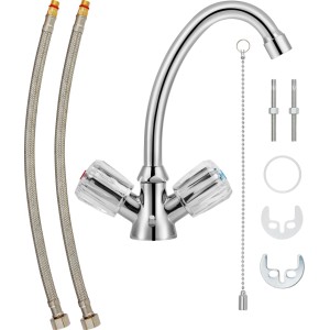 Zweigriff-Waschtischarmatur Ledro Chrom mit Anschlussschläuchen und Befestigungsmaterial.