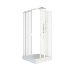 Weiße Forte Premium Eckduschkabine Vela 80x80 cm mit Eckeinstieg und Schiebetüren.