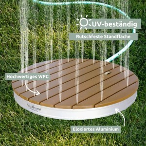 Runde holz4home Gartendusche aus WPC mit Wasserfontänen für Garten, Pool und Camping.