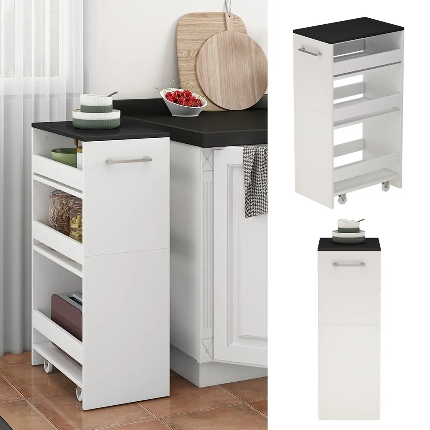 Vicco Rollregal Rivo, Küchen-Minibar in Weiß/Anthrazit, 30x85 cm, mit 3 offenen Fächern.