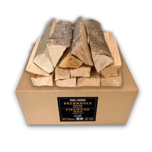PINI Brennholz Buche 30 kg, ofenfertige Holzscheite 30-33 cm in Karton für Kamin, Grill, Feuerschale.