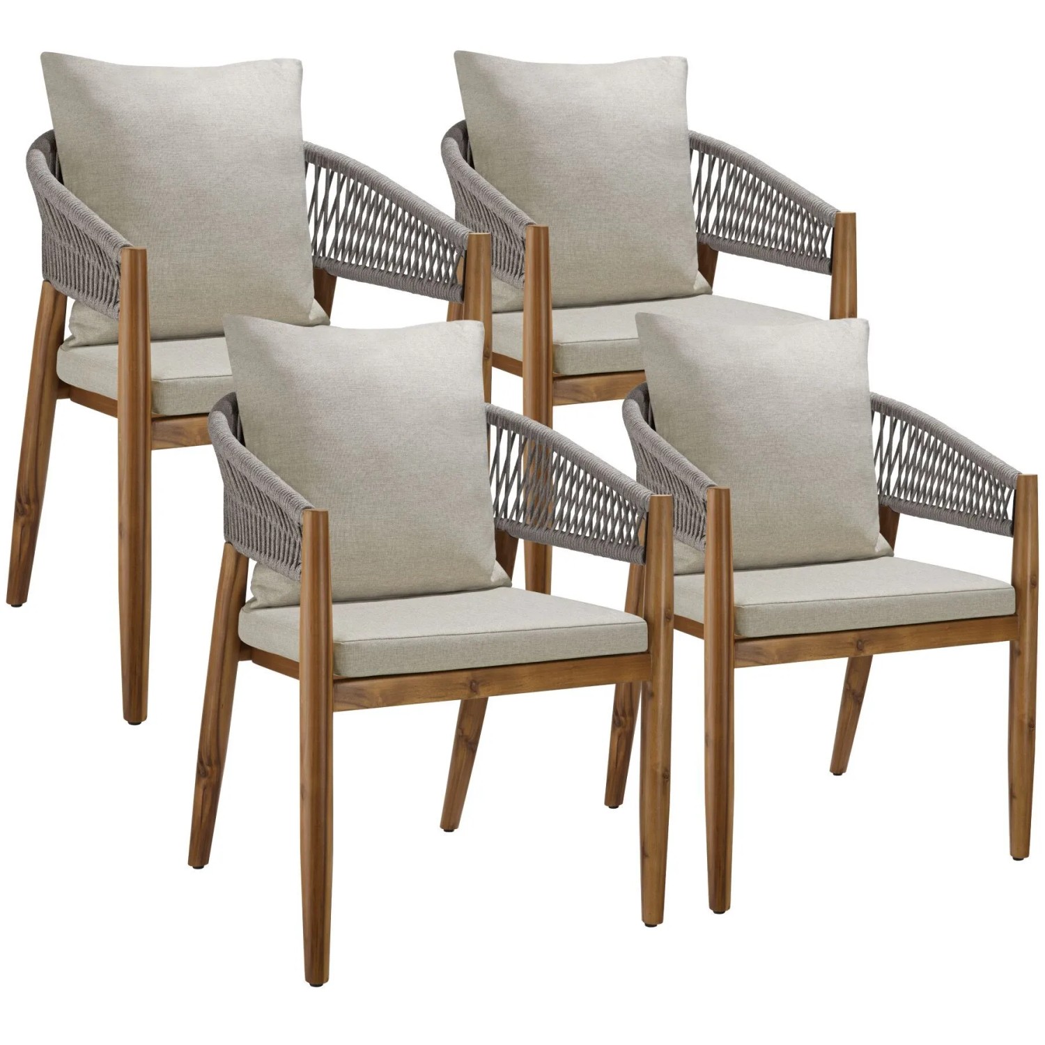 Tectake Gartenstuhl Manacor Lasiertes Akazienholz  Wetterfest Arm  und Rückenlehne Im Rope Design 4Er Set 58 x 59 x 76 50 cm Greige