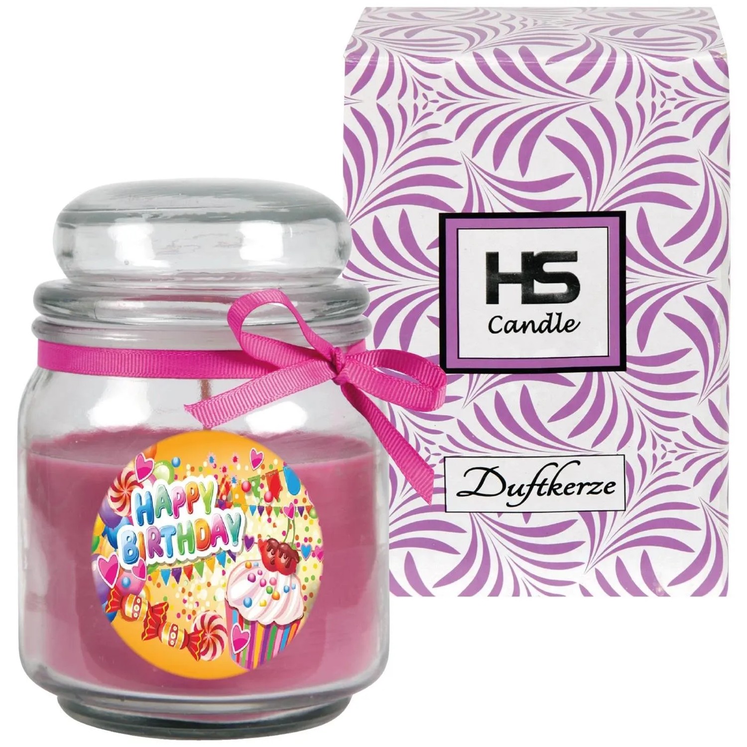 HS Candle Duftkerze Happy Birthday Lavendel Cupcake im Glas mit Schleife und Geschenkverpackung.