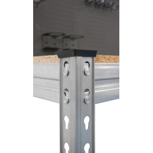 Detailansicht: AR Shelving Werkbank mit Lochwand, Fokus auf Metalleck und Niet-Steckverbindung.