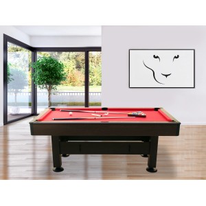Cougar Topaz Billardtisch mit rotem Tuch, Queues und Billardkugeln im Wohnraum.