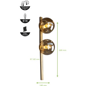 Moderne Eco-Light Wandleuchte Pluto mit zwei Amber-Glaskugeln und goldener Halterung.