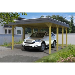 Skan Holz Walmdach-Carport Spreewald mit Auto. Holzkonstruktion mit Aluminiumdach.