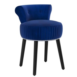Blauer Samt Schminkhocker mit gepolsterter, getufteter Lehne, runder Sitzfläche, Ziernieten und schwarzen Holzbeinen.